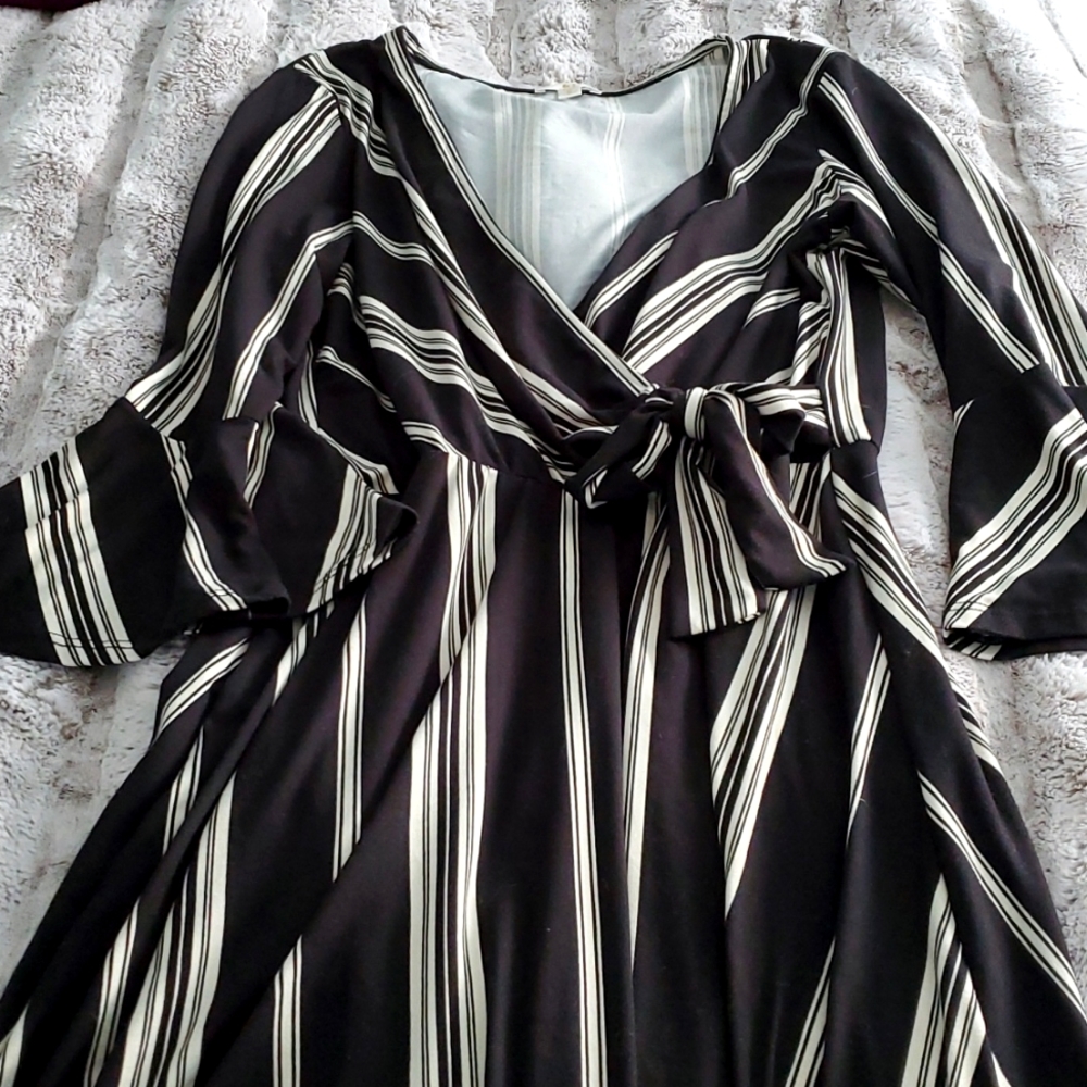 Striped Faux Wrap Skater Dress